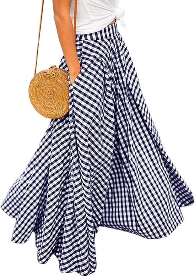 Mansy Women's Plaid Maxi Skirt- High Waist A Line Gingham Skirt,Pleated Flared Summer Casual Swin... | Amazon (US)