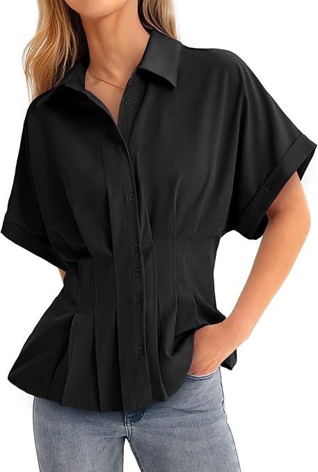 Cicy Bell Womens Pleated Button Down Blouse Summer Cuffed Short Sleeve Peplum Tops Casual Dressy ... | Amazon (US)