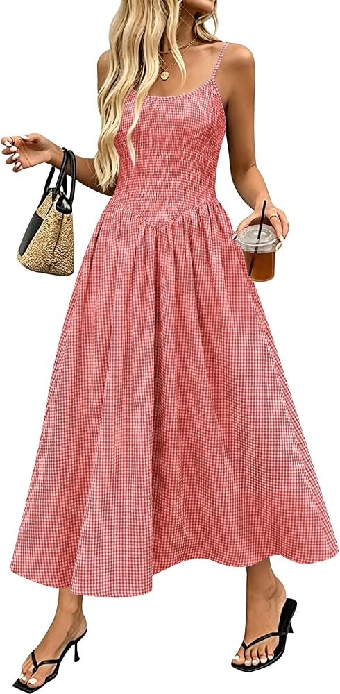 Relipop Women's Summer Midi Dresses 2026 Casual Plaid Sleeveless Spaghetti Strap Smocked Tiered B... | Amazon (US)