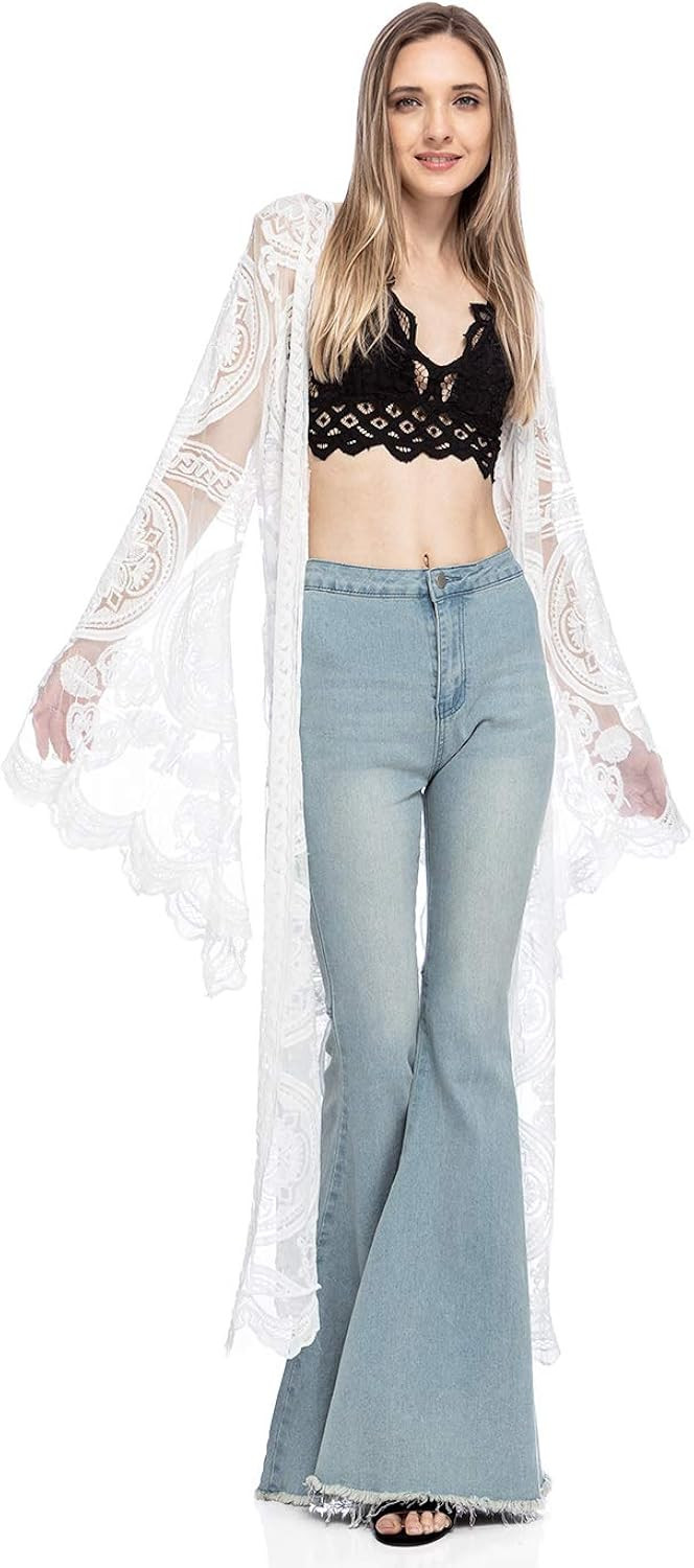 Anna-Kaci Womens Long Embroidered Lace Kimono Swimwear Floral Cover Up Waist Tie Maxi Cardigans | Amazon (US)