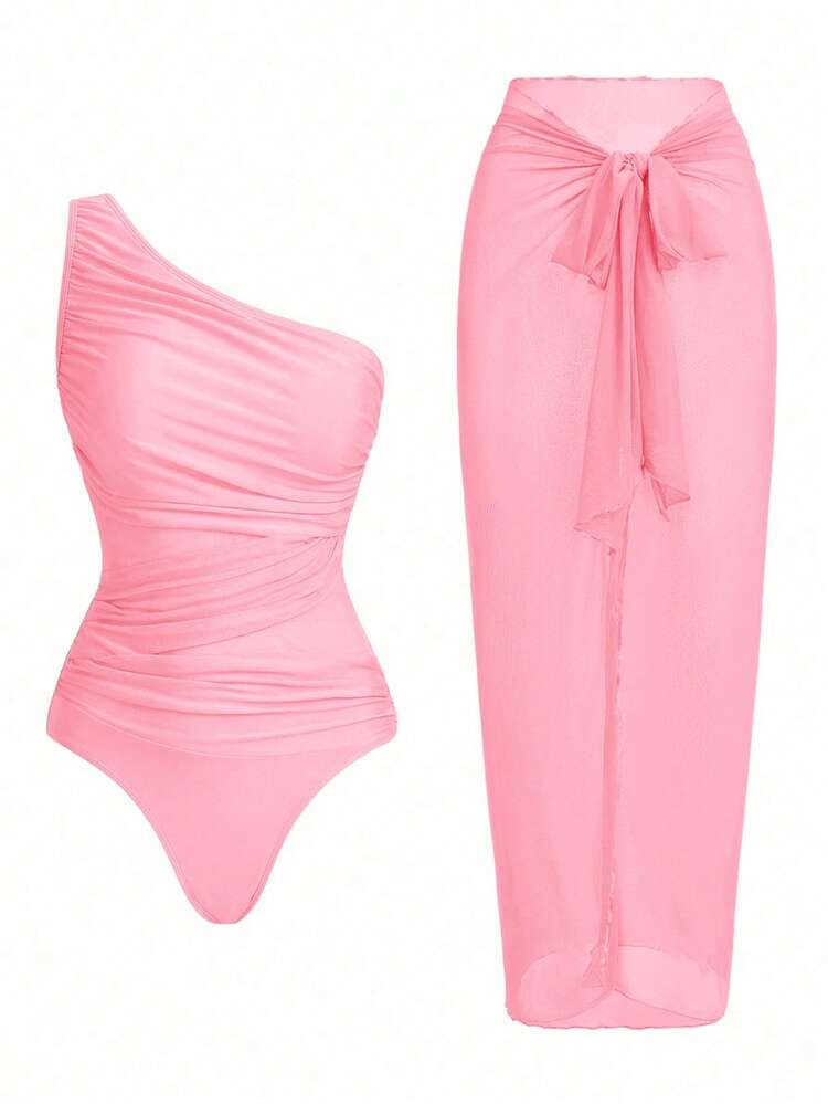 Swim Oasis Women's Solid Color Ruched One-Piece Swimsuit And Skirt Set, Suitable For Beach Vacati... | SHEIN