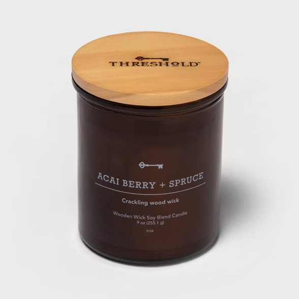 9oz Lidded Amber Glass Jar Crackling Wooden Wick Acai Berry and Spruce Candle - Threshold™ | Target