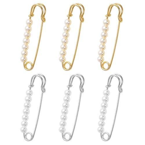 6 PCS Faux Pearl Brooch Pin Safety Pins Decorative for Women, Pearl Pin for Clothes Pants Clips to Tighten Waist, Large Extender Decorative Pins for Shawl Sweater Dress Hat Pants Wedding (Gold Sliver) | Amazon (US)