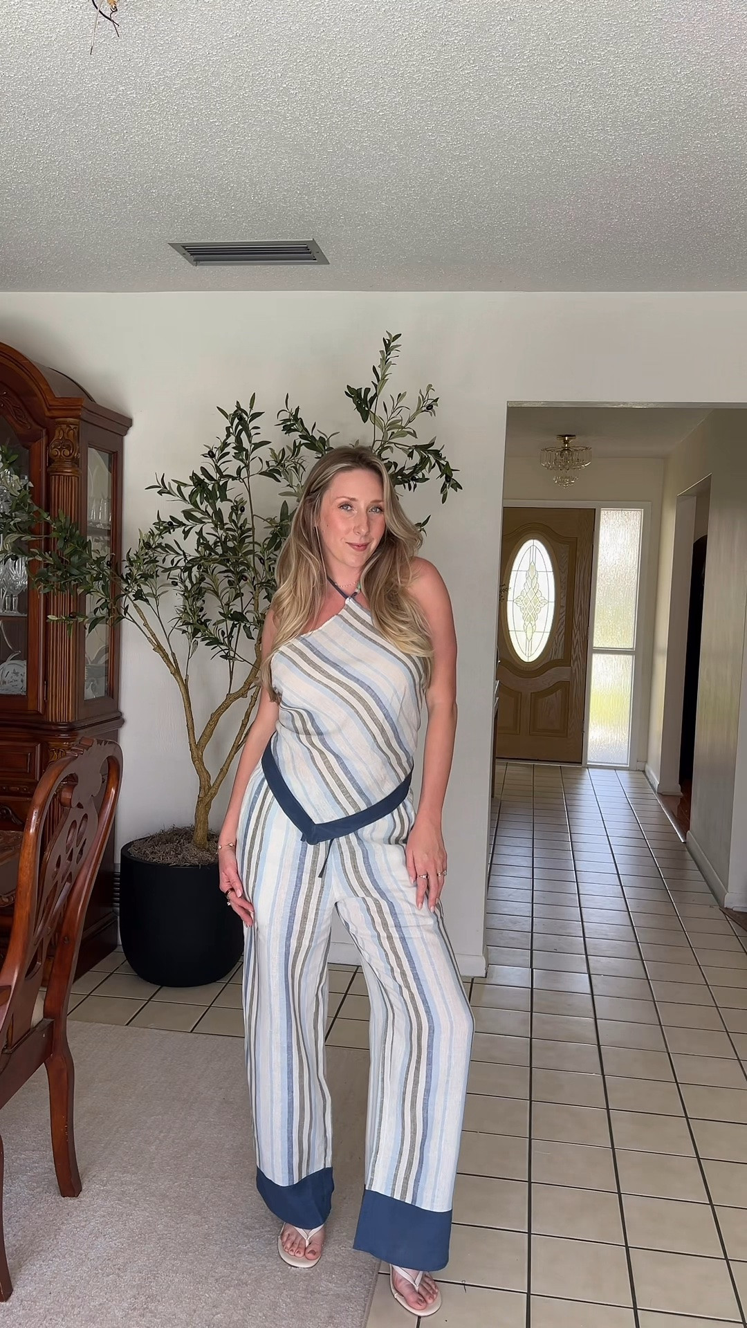 100% linen two piece backless stripe blue set from Amazon
