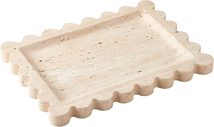 Denique Natural Travertine Tray with Scalloped Edge, 10.8x8 Rectangle Vanity Tray for Bathroom Ki... | Amazon (US)