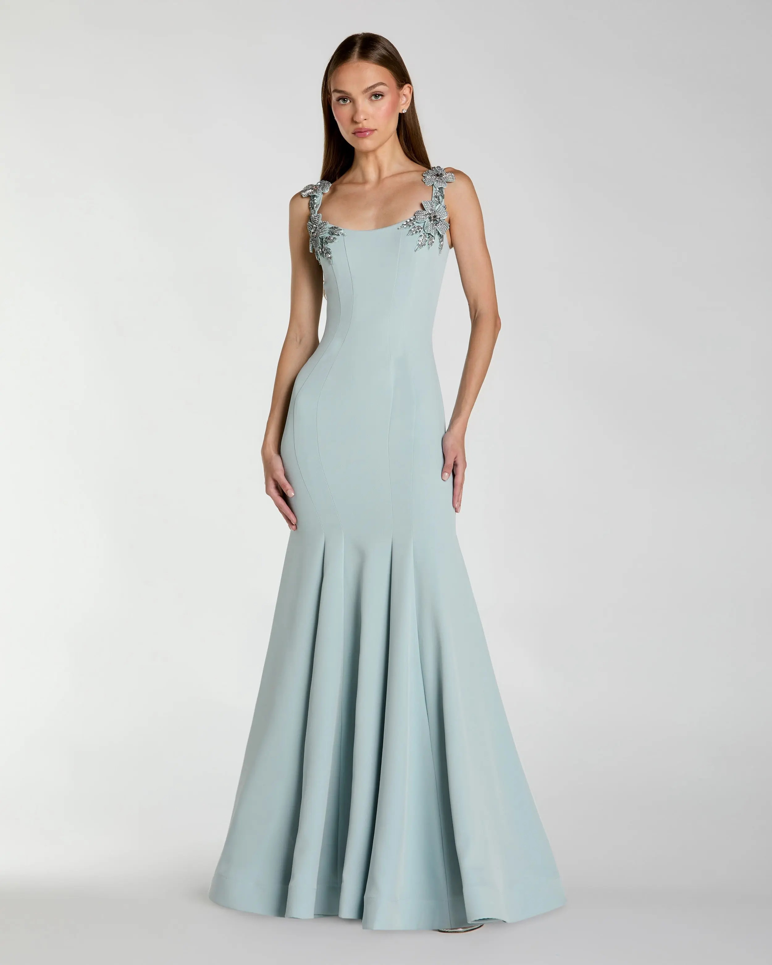 Light Blue Scoop Neck Mermaid Gown with Rhinestone Straps | Mac Duggal
