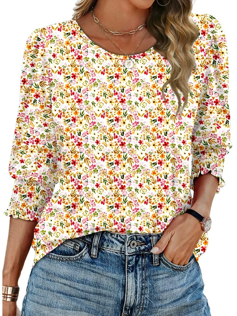 Fantaslook Blouses for Women Dressy Casual 3/4 Length Sleeve Womens Tops with Smocked Cuffs Fashi... | Walmart (US)