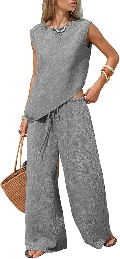 EXLURA Womens Summer Two Piece Sets Cotton Asymmetrical Tank Tops Wide Leg Pants Set Faux Linen B... | Amazon (US)