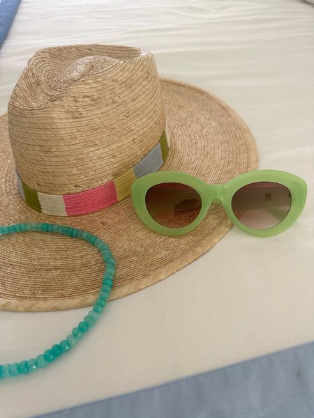 Beach day essentials - green sunglasses / sunshine tienda straw hat / beaded necklace 

#LTKTravel #LTKFindsUnder50 #LTKStyleTip
