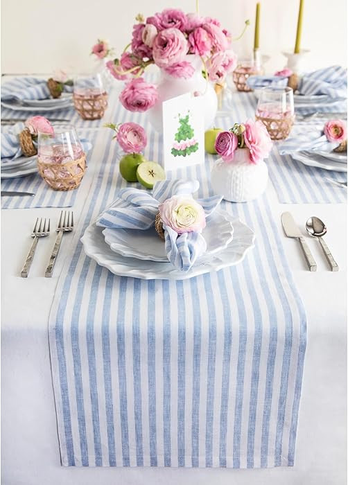 Solino Home Linen Table Runner 72 Inches Long - Amalfi Stripe, 100% Pure Linen Sky Blue and White... | Amazon (US)
