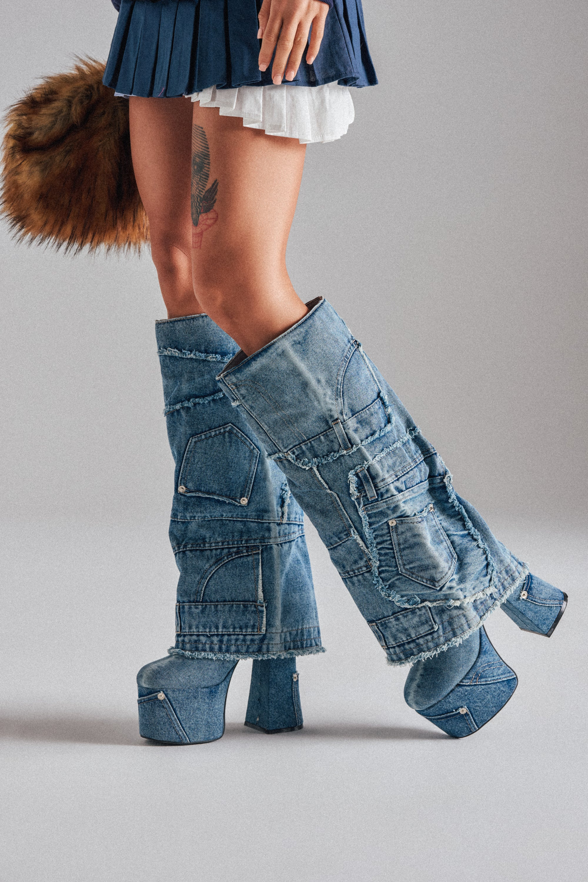 AZALEA WANG DUMI DENIM CHUNKY PATCHWORK BOOT | AKIRA