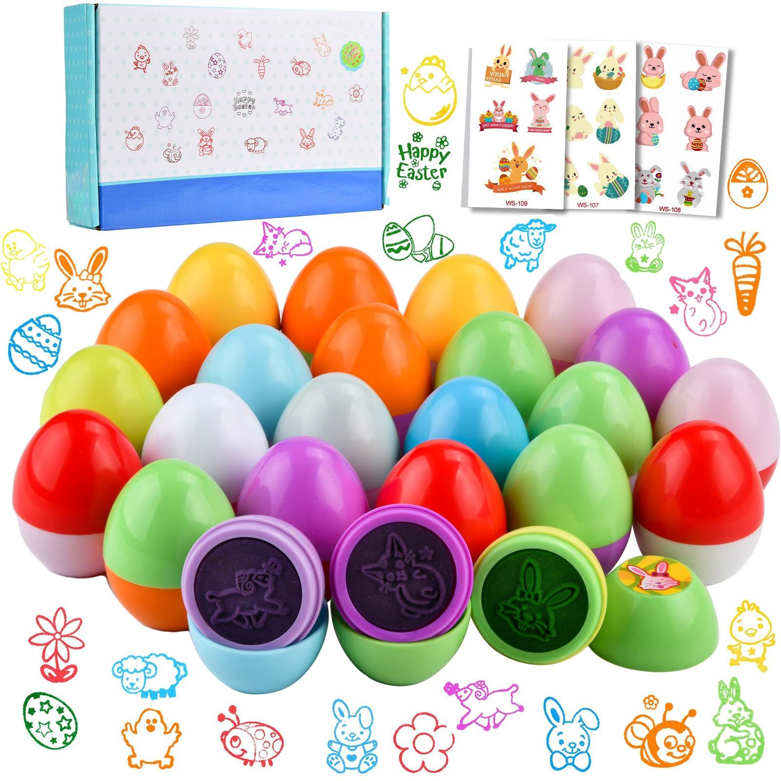 BUUFAN 24Pcs Easter Egg Stampers Gifts for Kids Easter Party Easter Basket Stuffers Easter Eggs Hunt Game Toys Self inking Stamps for Kids | Amazon (US)