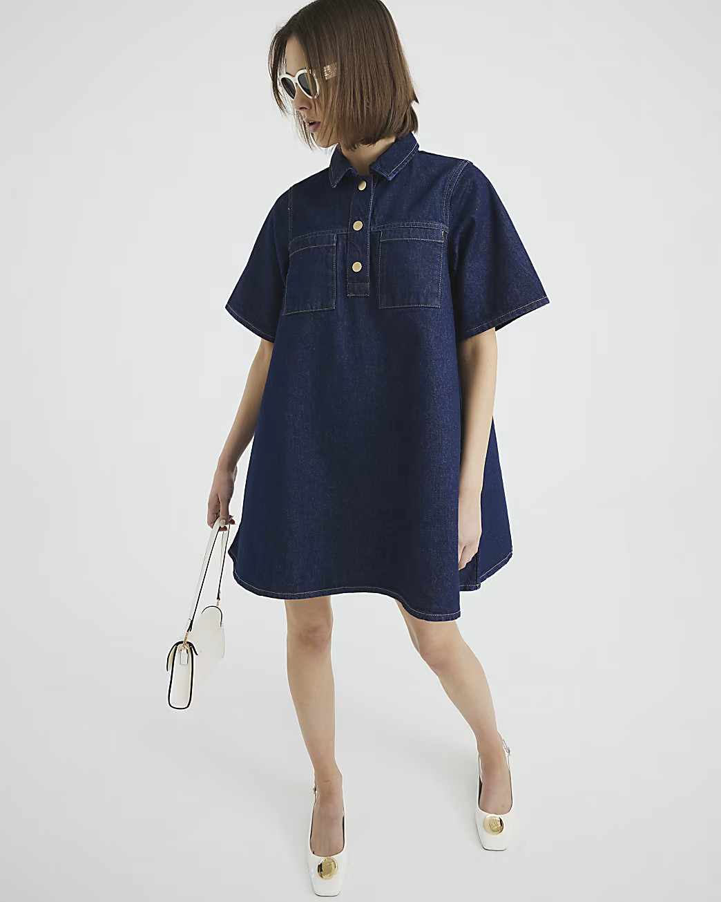 Indigo Denim Shirt Collar Mini Dress | River Island UK & IE