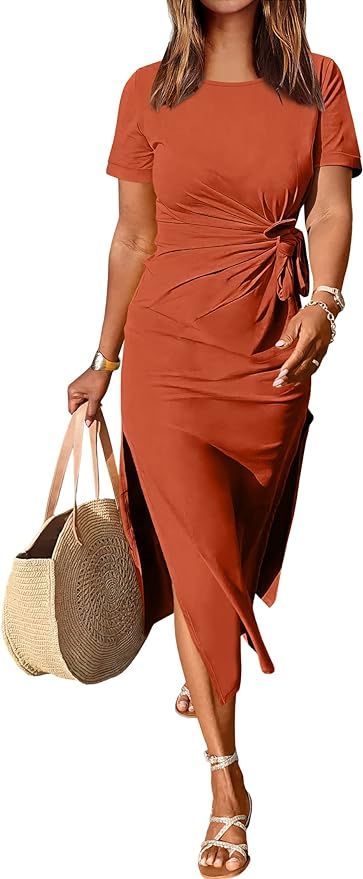 ANRABESS Women’s 2024 Summer Short Sleeve Crewneck T Shirt Maxi Dress Tie Waist Casual Slim Fit... | Amazon (US)