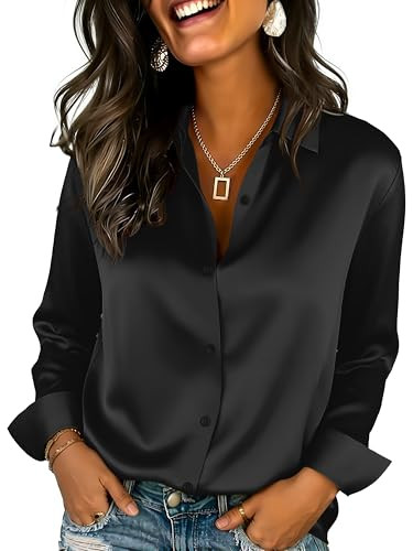 Soft Black Satin Button Down Shirt for Women Plus Size V Neck Long Sleeve Blouse Workwear Top (XX-Large, Black) | Amazon (US)