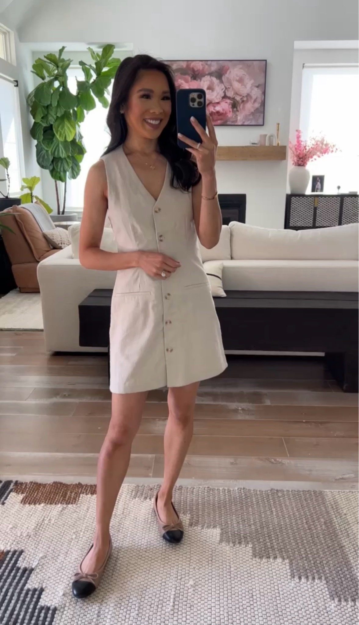 Summer outfit with linen-blend vest mini dress paired with flats for a chic and classic look. I love the button closure which makes breast feeding so much easier! Wearing size XS and I love the fit of it. Great for every day outfits or workwear! 

#LTKSeasonal #LTKWorkwear #LTKStyleTip