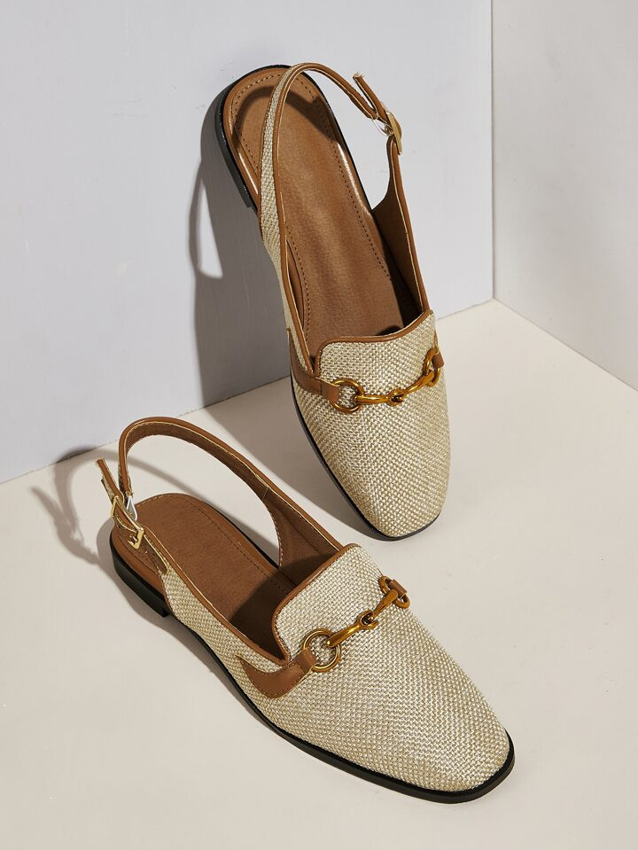 Women Colorblock Metal Decor Linen Flats Flats, Square Toe Slingback Loafers For Vacation | SHEIN
