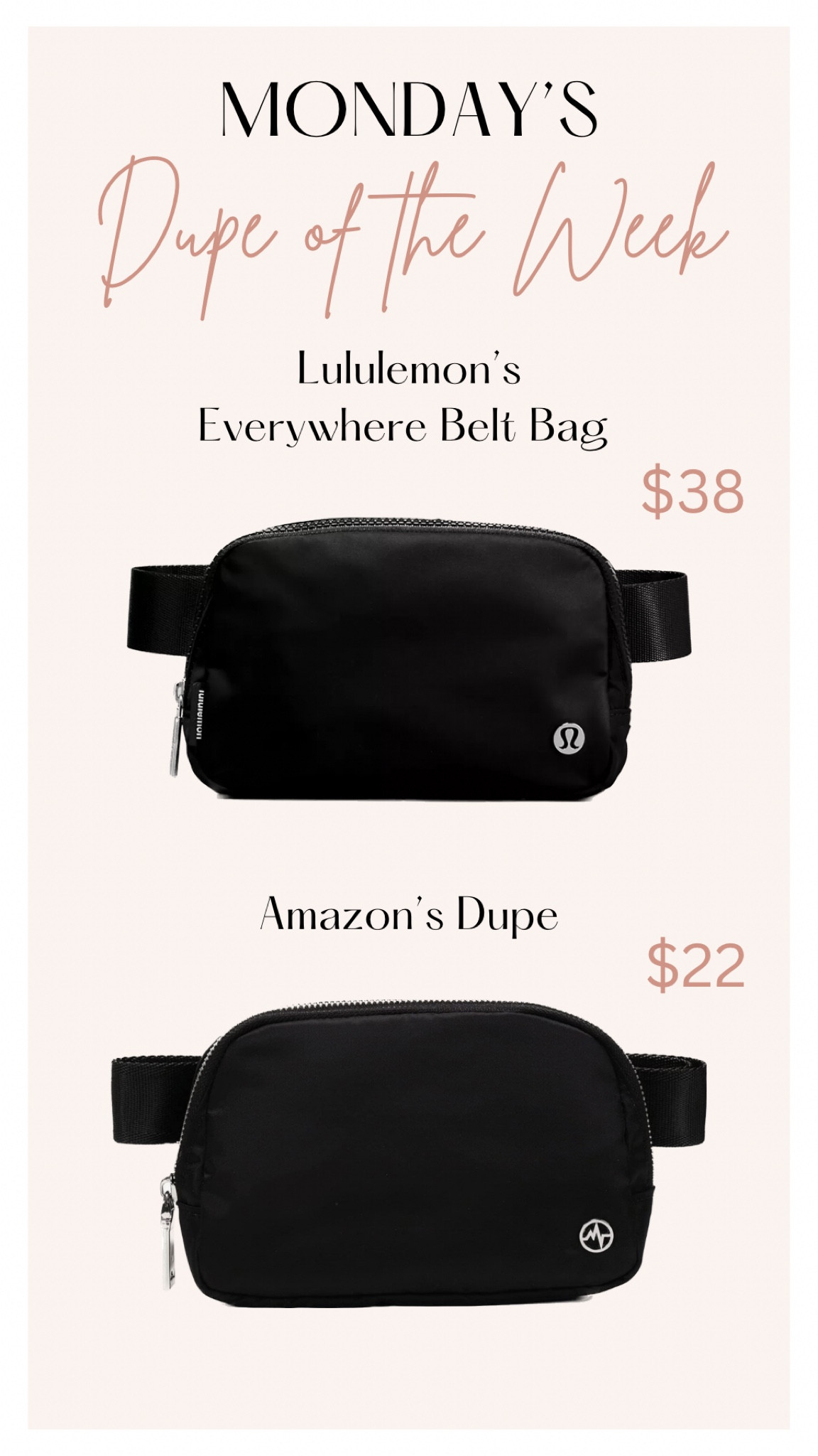 Monday’s Dupe of the Week: Lululemon’s Everywhere Belt bag! Find a very similar one on Amazon for less! 

#dupes #lookalike 

#LTKunder50 #LTKFind #LTKfit