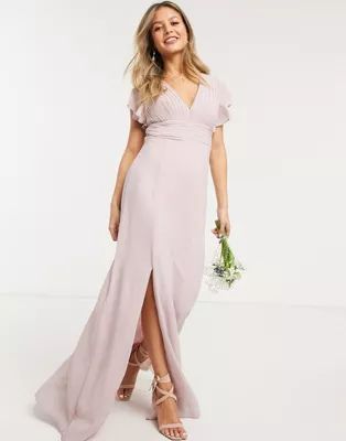 TFNC bridesmaid plunge front flutter sleeve maxi dress in pink | ASOS (Global)