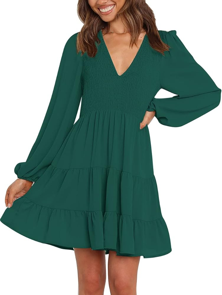 Umimi Women's Casual Long Sleeve V Neck Ruffle Smocked Dress Chiffon Flowy Tiered Mini Dress | Amazon (US)