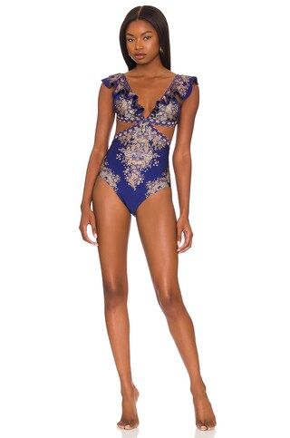 Zimmermann Ruffle One Piece in Indigo Paisley from Revolve.com | Revolve Clothing (Global)