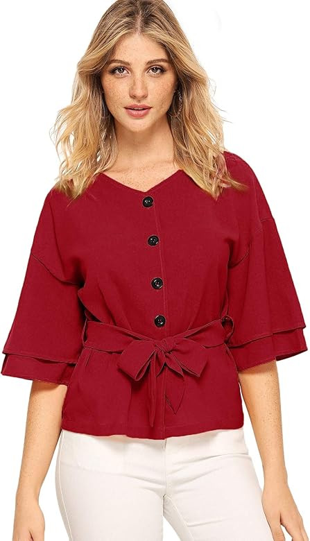 Women's Chiffon V Neckline Tie Waist Bell Short Sleeve Blouse Shirt Tops | Amazon (US)
