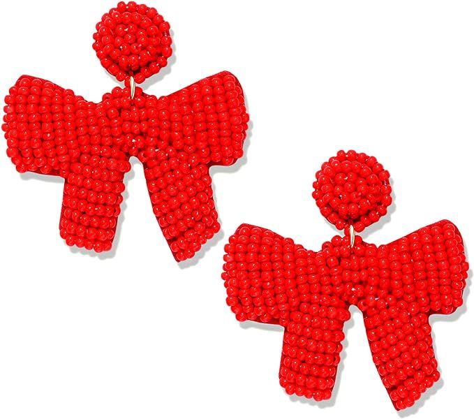 Amazon.com: Christmas Earrings Beaded Xmas Bow Earring for Women Handmade Red Green Holiday Bow D... | Amazon (US)
