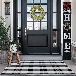 CAINANEL Buffalo Plaid Outdoor Rug Black and White Check Rug 35.4'' x 59'' Cotton Hand-Woven Chec... | Amazon (US)