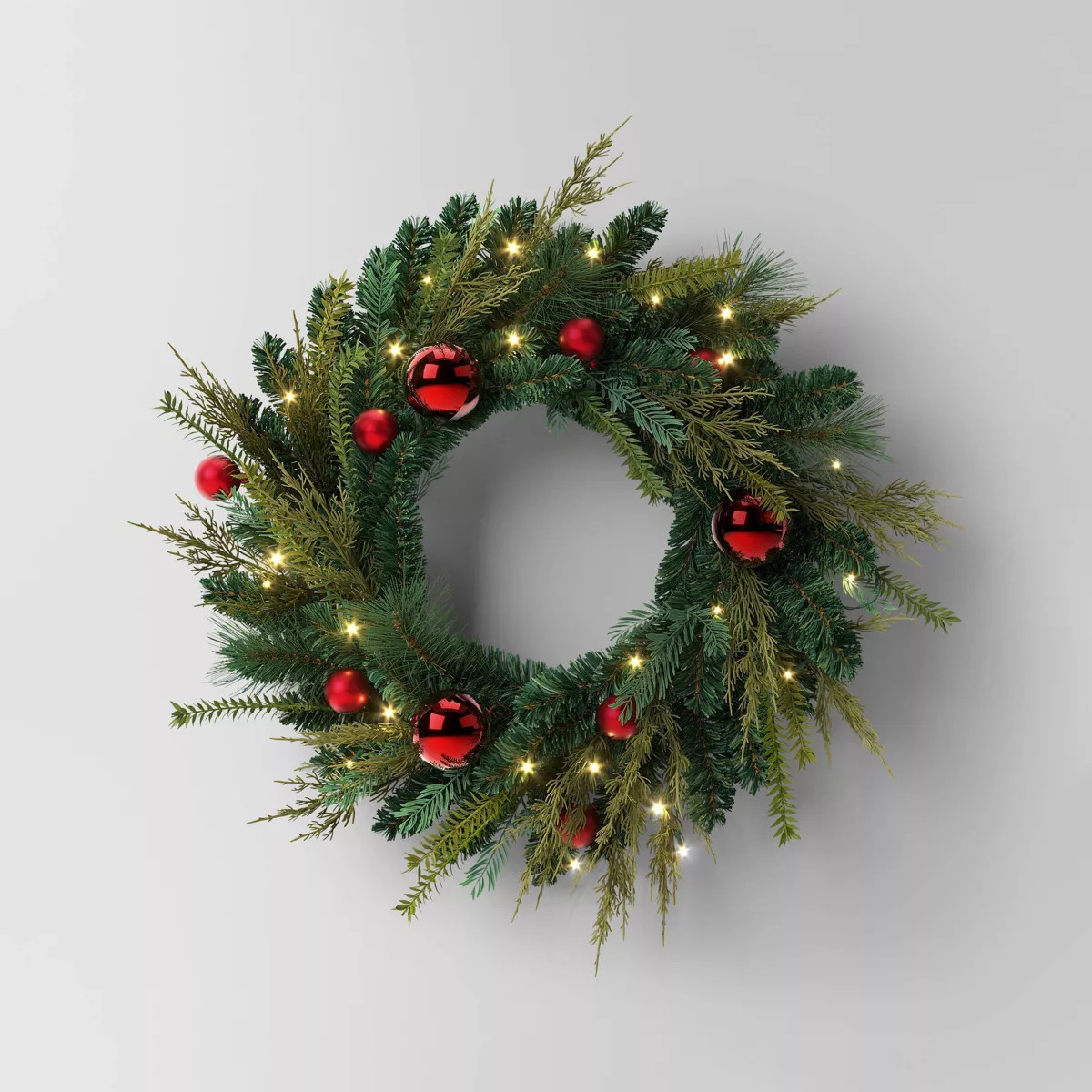 28" Pre-lit Decorated Mixed Greenery Artificial Christmas Wreath Green with Warm White LED Lights... | Target