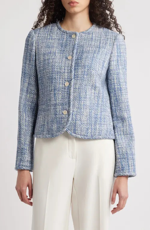 Theory Cotton Tweed Collarless Jacket in Blue Multi at Nordstrom, Size 10 | Nordstrom