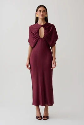 Mona Cut Out Satin Midi Dress / Burgundy | MESHKI | XL | MESHKI US