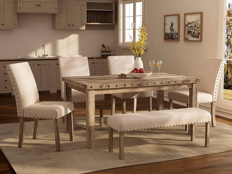 Morden Fort Dining Table Set for 6, Farmhouse Wooden Table & Upholstered Bench & 4 Dining Chairs,... | Amazon (US)