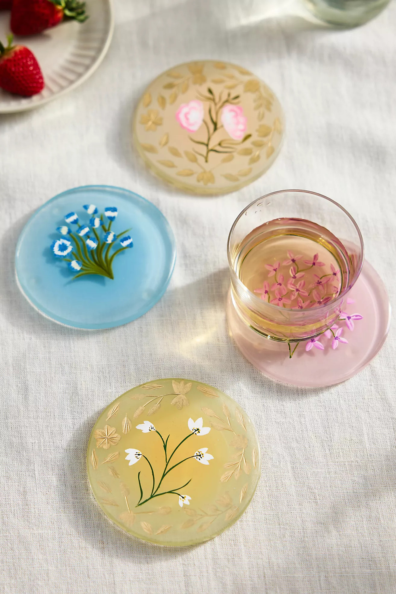 Painted Floral Glass Coasters, Set of 4 | Terrain