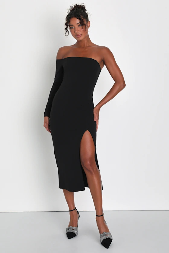 Modern Stunner Black One-Shoulder Bodycon Midi Dress | Lulus (US)