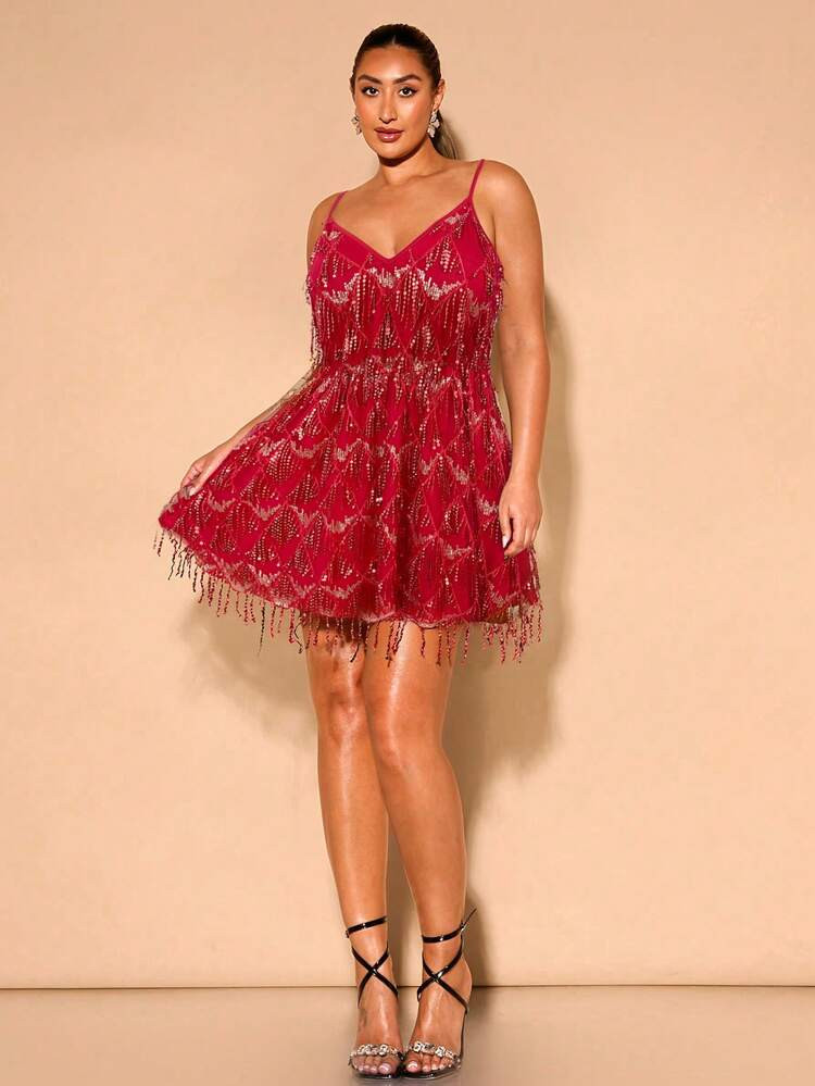SHEIN BAE Plus Size Fall Women Fashion Sequin Decor Spaghetti Strap Dress Elegant Mini Dress Dres... | SHEIN