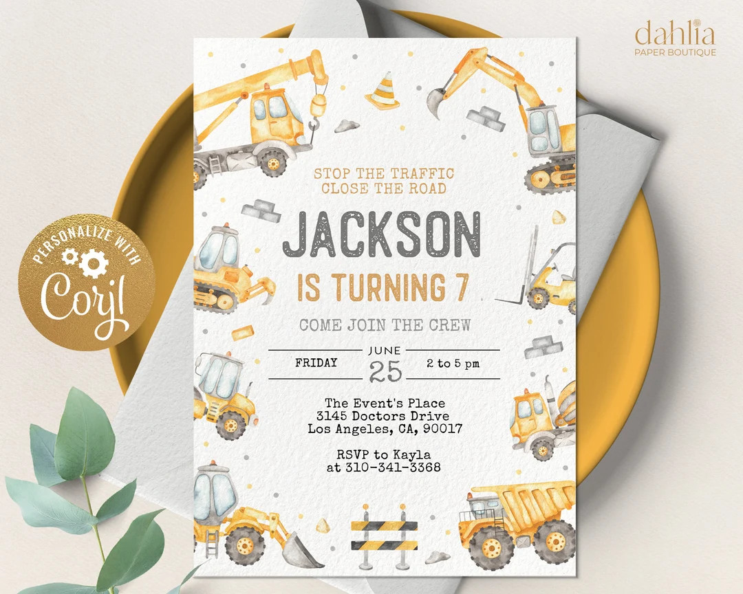 Modern Construction Birthday Invitation, EDITABLE Dump Trucks Party Invite Template, Boy Outdoor ... | Etsy (US)