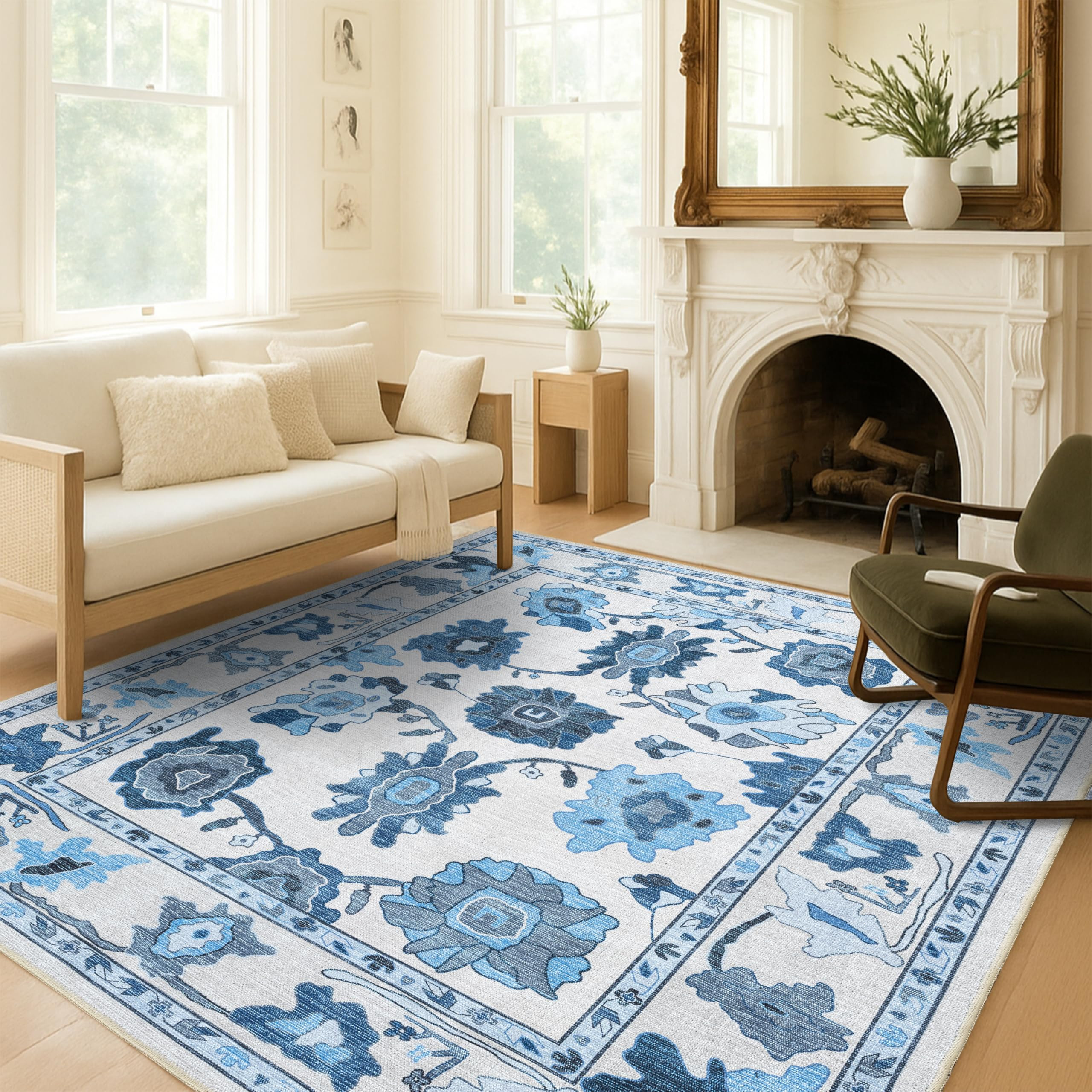 Navy Blue Green Oushak Rug, Modern, Vintage, Turkish, Eclectic, Floral, Pastel, Washable, Extra L... | Amazon (US)