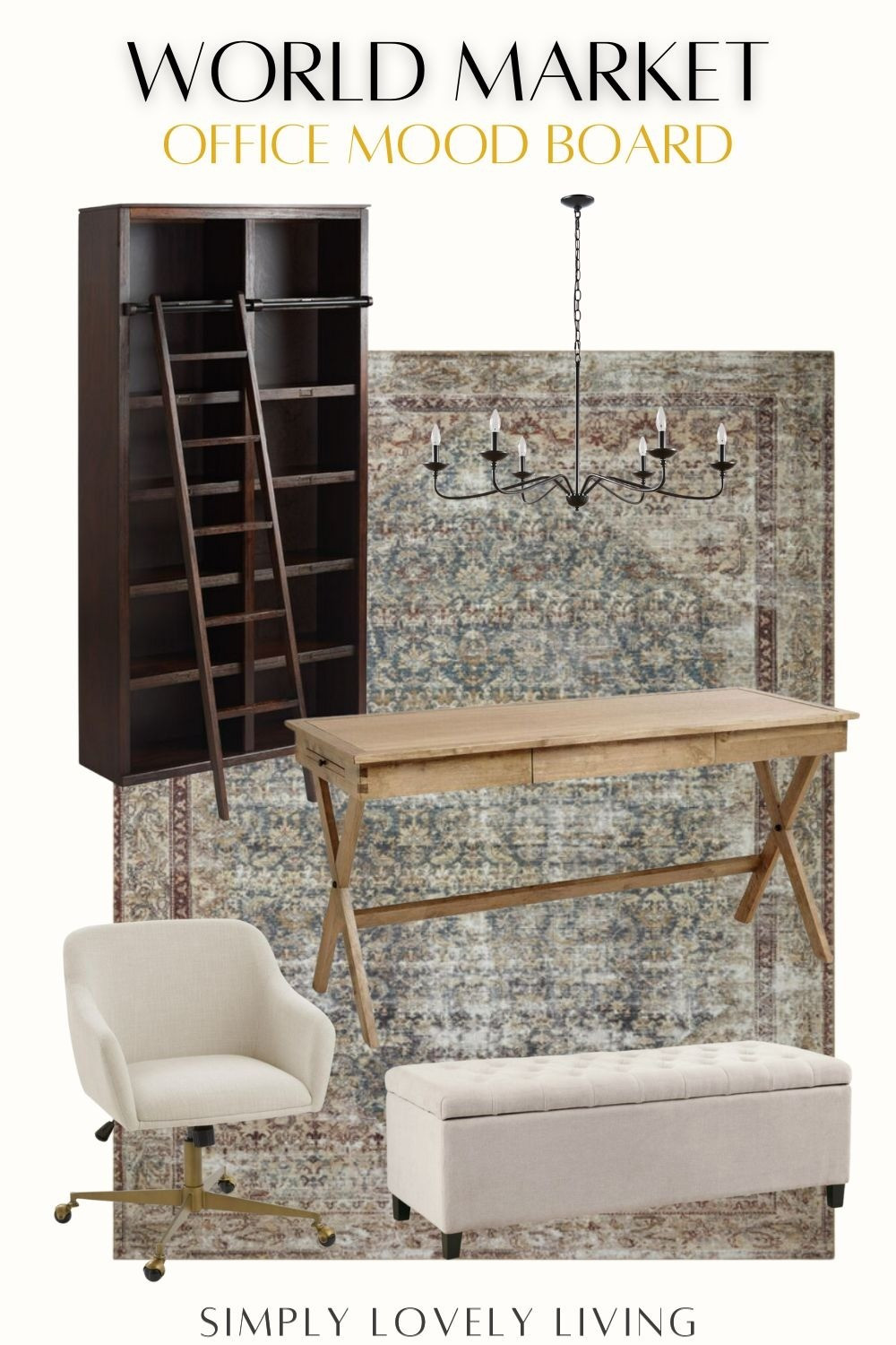 World Market office mood board. Elegant Office furniture. Her office decor. Office desk. Bookcase with ladder attachment option. Upholstered bench. Office chair. Area rug. Chandelier. #LTKfind

#LTKHome #LTKOver40