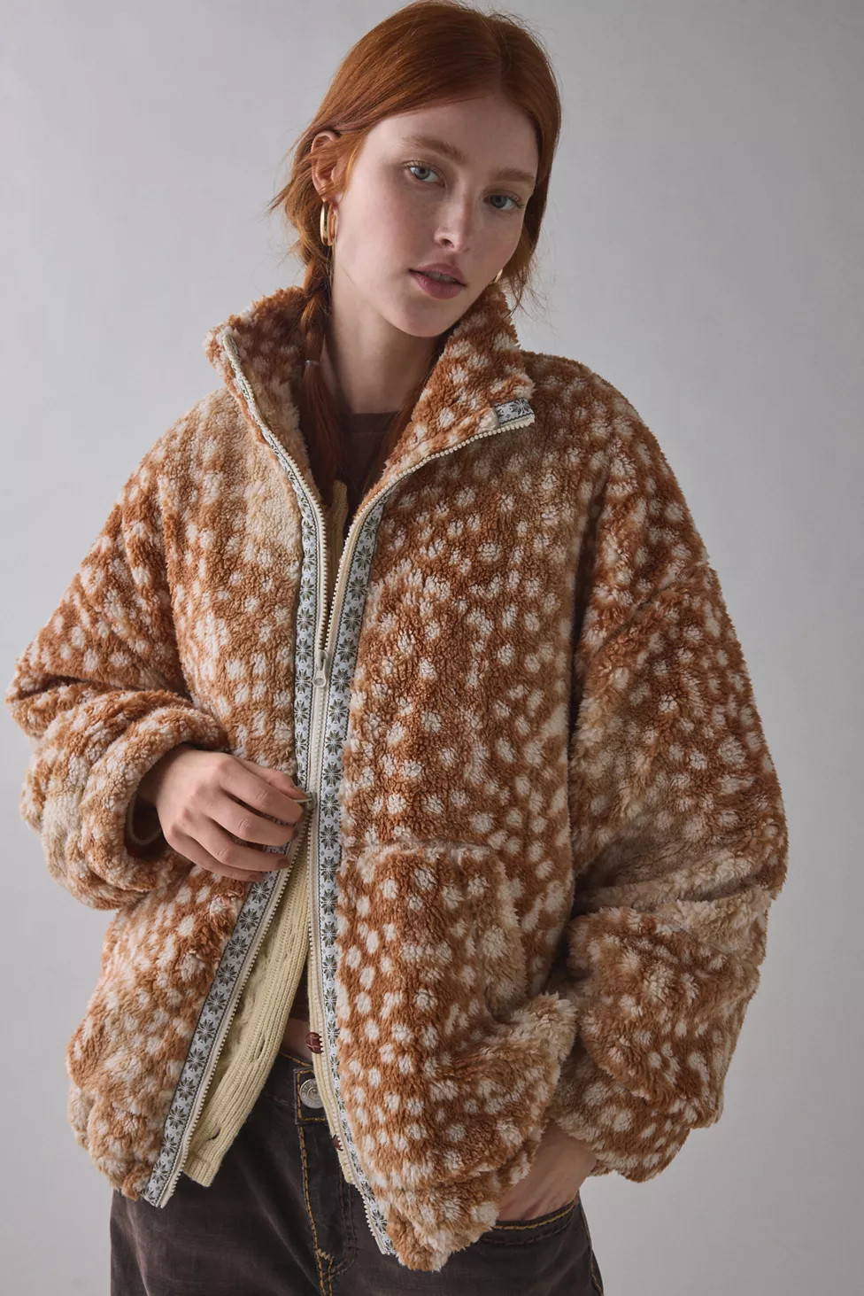 BDG Mae Printed Piled Fleece Zip-Up Jacket | Urban Outfitters (US and RoW)