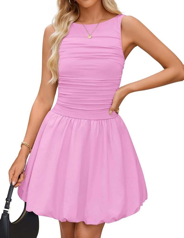 ZESICA Womens Summer Sleeveless Bubble Mini Dress 2025 Boat Neck Ruched A Line Short Cocktail Par... | Amazon (US)