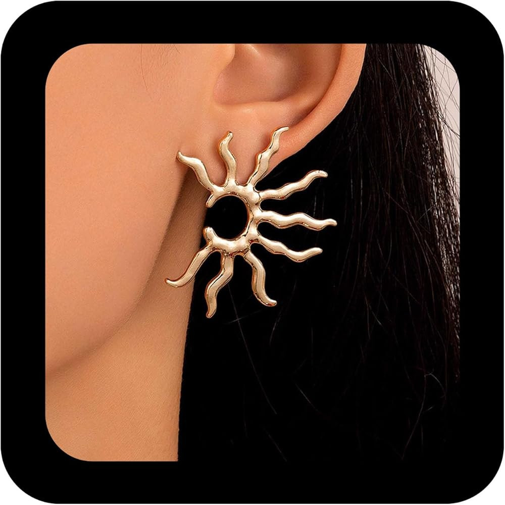 Punk Exaggerated Sun Earrings Sunburst Stud Earrings Large Sunshine Stud Earrings Gold Hollow Sun... | Amazon (US)