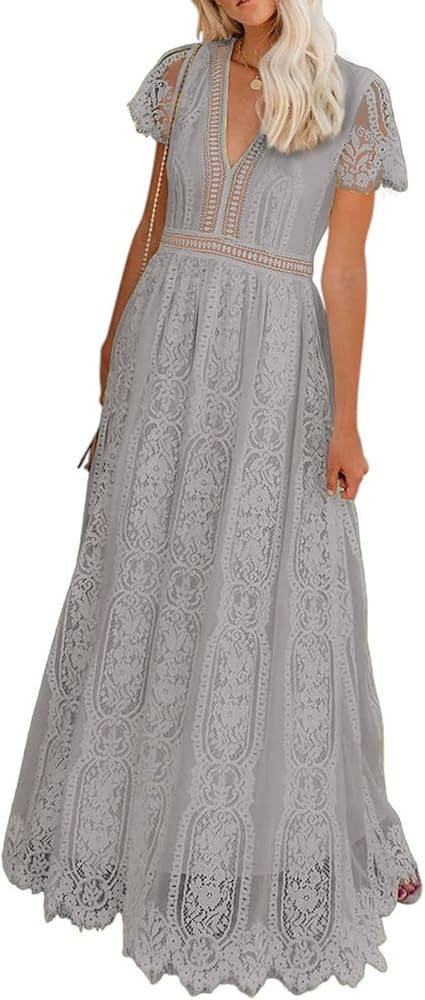 Bdcoco Women's V Neck Floral Lace Wedding Dress Short Sleeve Bridesmaid Evening Party Maxi Dress | Amazon (US)