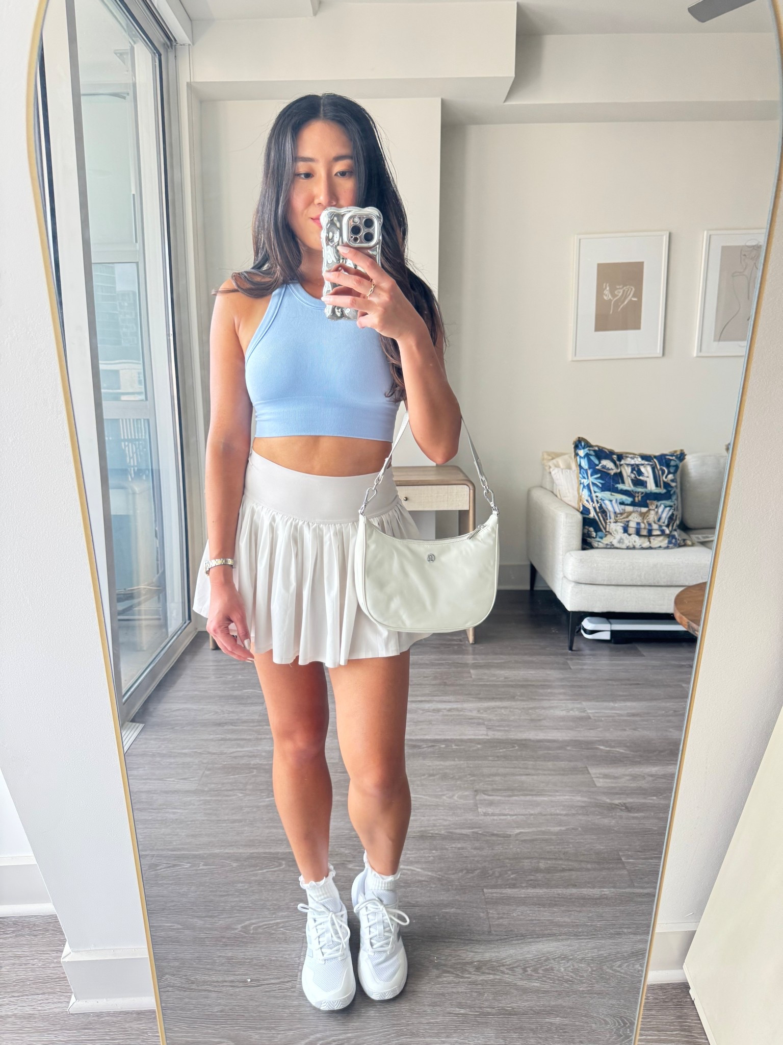 Tennis ready 🤍

Sizes:
- Alo yoga sports bra: S
- Aerie skirt: S (old, linked similar)
- Lululemon city essentials 3L
- Adidas court shoes: 7.5


#LTKActive #LTKFindsUnder100 #LTKShoeCrush