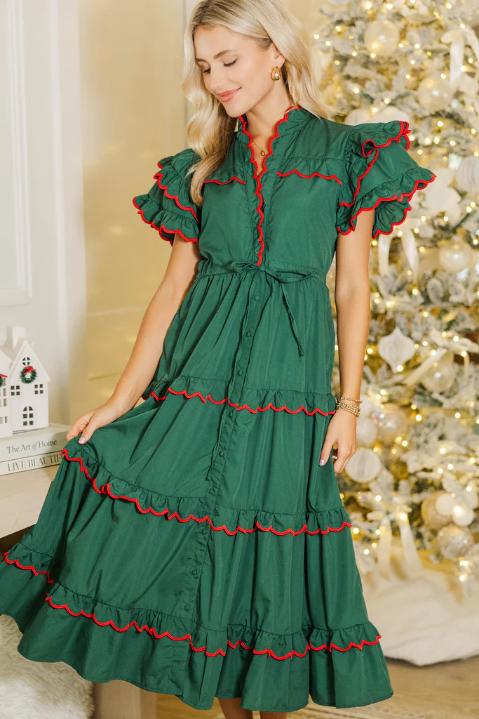 In The Air Emerald Green Scalloped Midi Dress | The Mint Julep Boutique