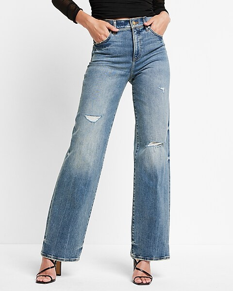 High Waisted Medium Wash Distressed Wide Leg Jeans | Express