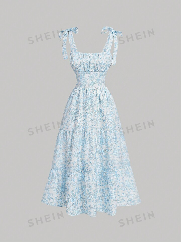 SHEIN MOD Floral Print Bow Tie Decor Women's Summer  Long Dress | SHEIN