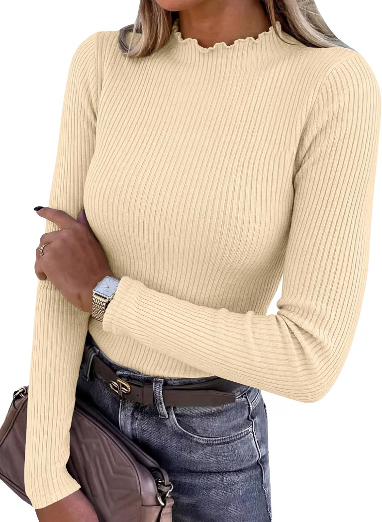 ANRABESS Long Sleeve Shirts for Women Mock Neck Ribbed Slim Fit Fall Tops | Amazon (US)