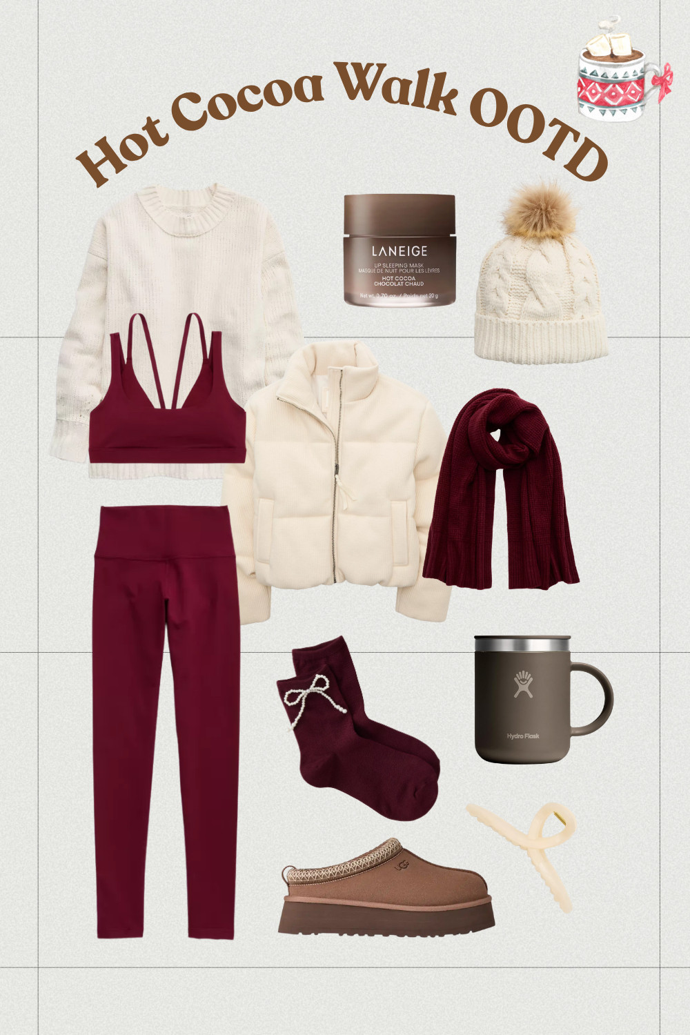Cozy “Hot Cocoa Walk” OOTD 🍂☕

This is your sign to romanticize your chilly morning walk with this Hot Cocoa Walk Outfit, inspired by the new Laneige Hot Cocoa Lip Mask 😍💄

Comfy, warm, and so cute for fall and winter! 🤎
Featuring my favorite Aerie leggings and bra set, a soft vanilla puffer, and cozy UGG slippers (many of the items are on sale right now for $10–$50!). Paired with plush socks, a neutral beanie, and a to-go mug of hot cocoa for the full cozy-girl aesthetic 🍫✨

🧣 Perfect for coffee runs or casual days out
🧥 Affordable pieces that look luxe
☕ Every item linked + on some sale now!

#HotCocoaOutfit #FallOOTD #WinterOOTD #CozyAesthetic #AerieStyle #AbercrombieFinds #UGGOutfit #CapsuleWardrobe #CozyChic #LTKSaleAlert #LTKFall #LTKWinter #CoffeeRunOutfit #NeutralOutfit #ColdWeatherStyle 

 #LTKHoliday #LTKSeasonal #LTKFindsUnder50