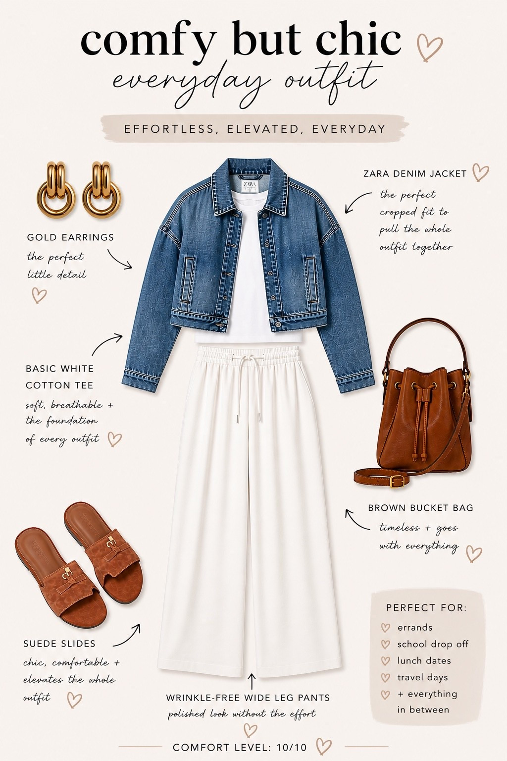 Comfy but chic is my favorite kind of outfit lately. This look feels elevated while still being comfortable enough for busy days, errands, travel, school drop off, or lunch with friends. The wide leg pants are so flattering, the denim jacket pulls everything together, and these neutral accessories will go with so much in your closet. Everything is linked for an effortless everyday outfit you’ll reach for again and again.

#LTKSeasonal #LTKootd #LTKdayinmylife
