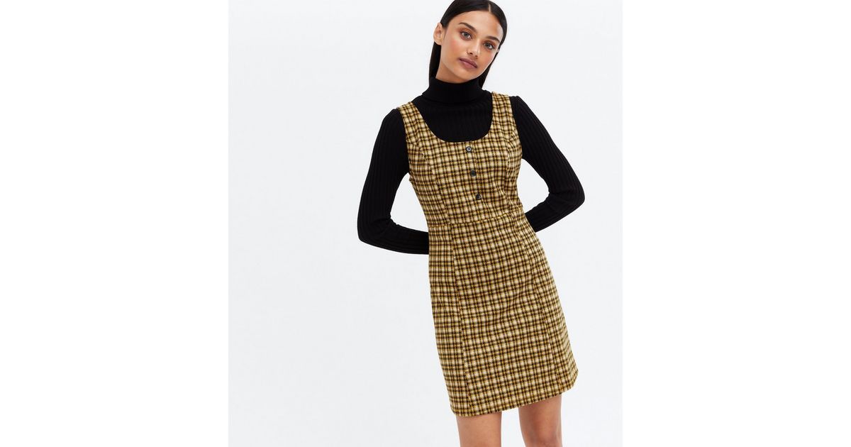 Mustard Check Jersey Button Pinafore Dress
						
						Add to Saved Items
						Remove from Save... | New Look (UK)